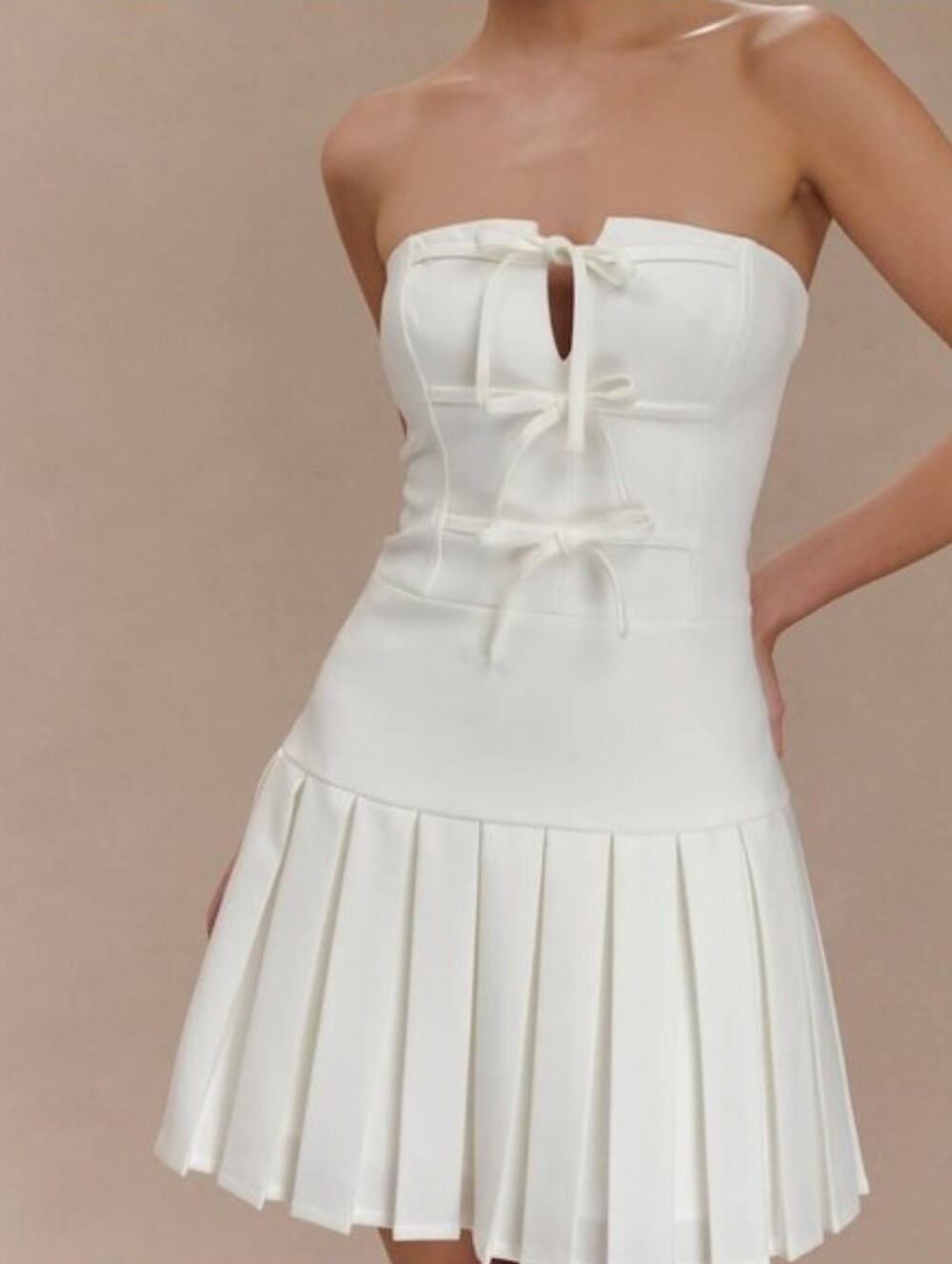 Meshki Ivory Strapless Bow-Front Pleated Mini Dress